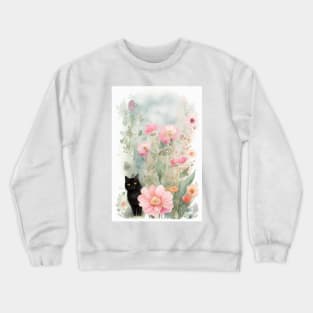 Black Cat  in the Flower Garden Soft Pastel Colours Crewneck Sweatshirt